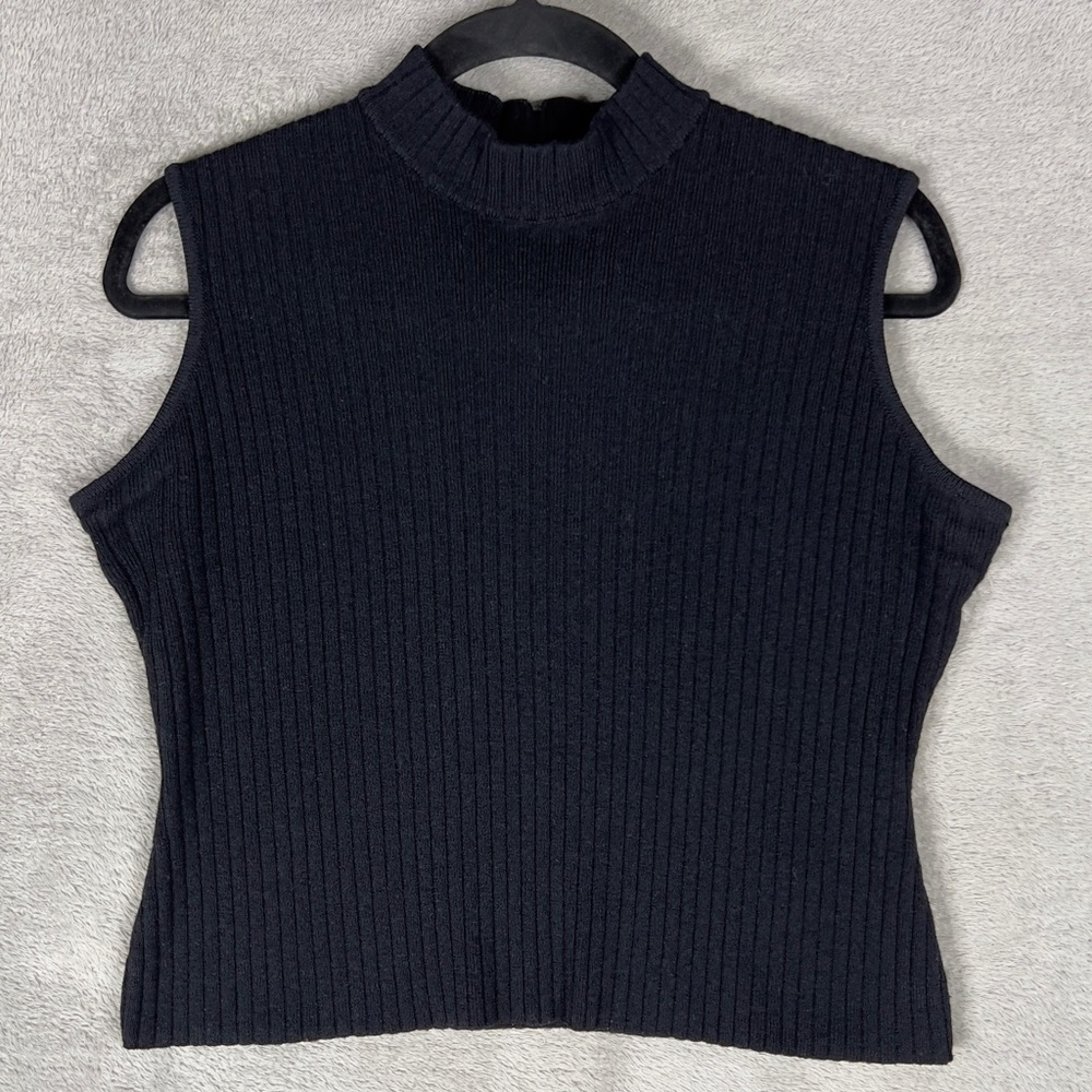 St. John Ribbed Knit Mock Neck Sleeveless Top Women's Small Black Made In USA
